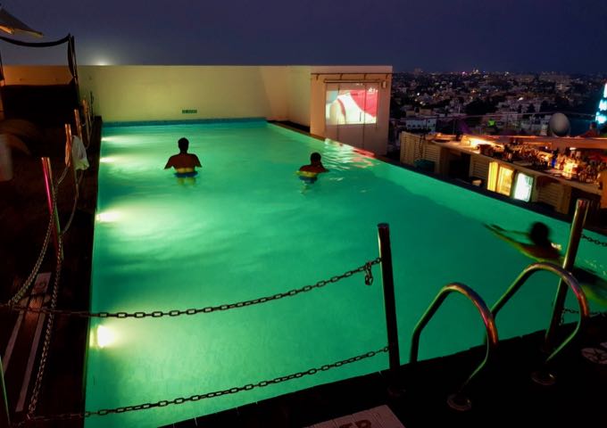 The rooftop pool gets busy in the evenings.