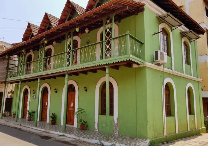 Renovated buildings are brightly painted.