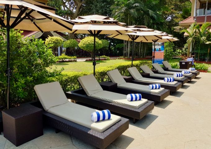The hotel has a tropical vibe with its sunbeds and umbrellas.