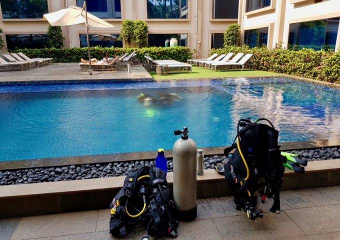 Scuba-diving lessons are held in the pool.