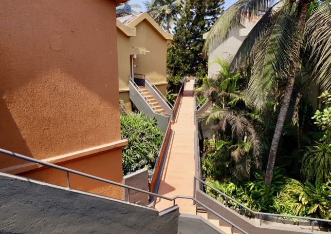 The resort features elevated walkways.