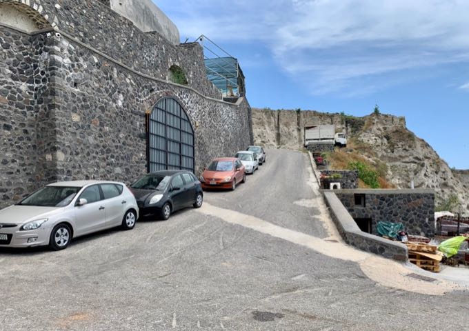 Narrow, winding driveway to Hatzidakis hillside winery