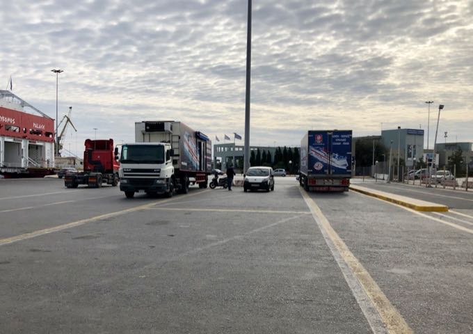 Parking area of Heraklion port, with passenger station in the background.