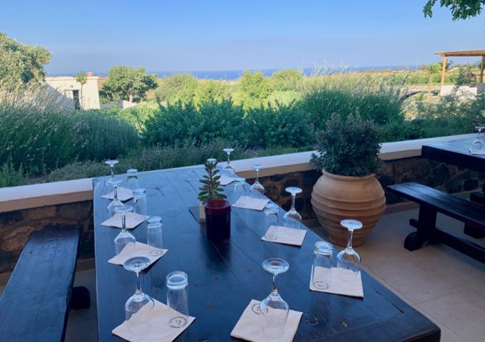 Sea and vineyard view from a table at Artemis Karamolegos' tasting courtyard.