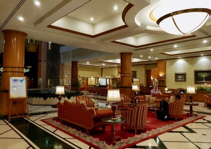 The hotel lobby is inside an atrium.