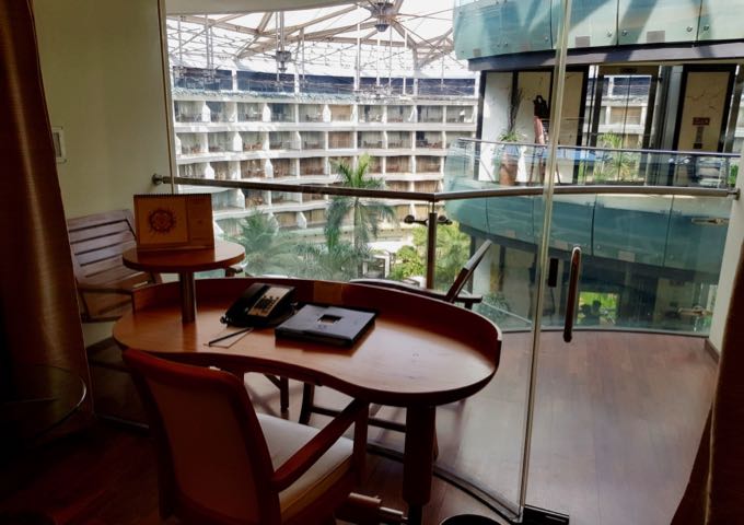 The desk offers excellent views of the lagoon and gardens.