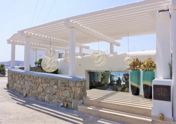 The hotel features contemporary cycladic architecture.
