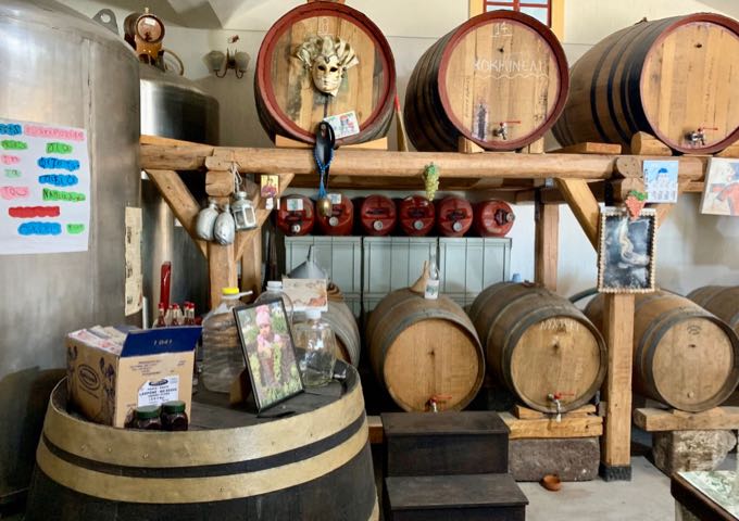 Wooden wine barrels with taps.
