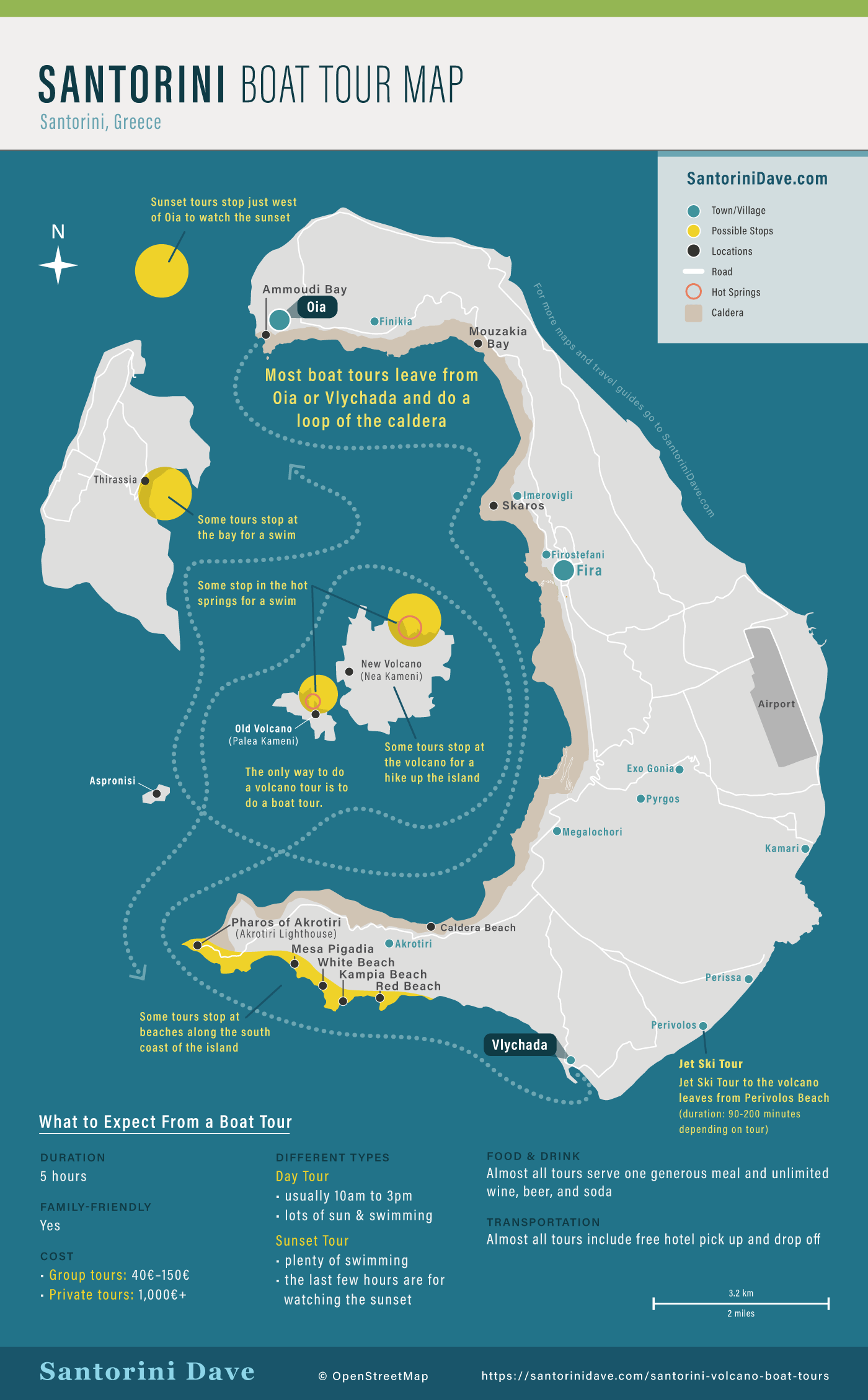 Map of boat tours around Santorini