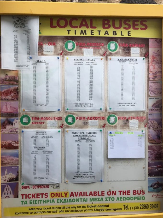 Timetable for Santorini local buses, posted at Fira bus station.