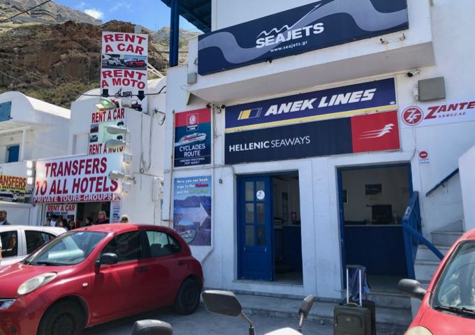 Doorway of the ticket collection office at the Santorini ferry port.