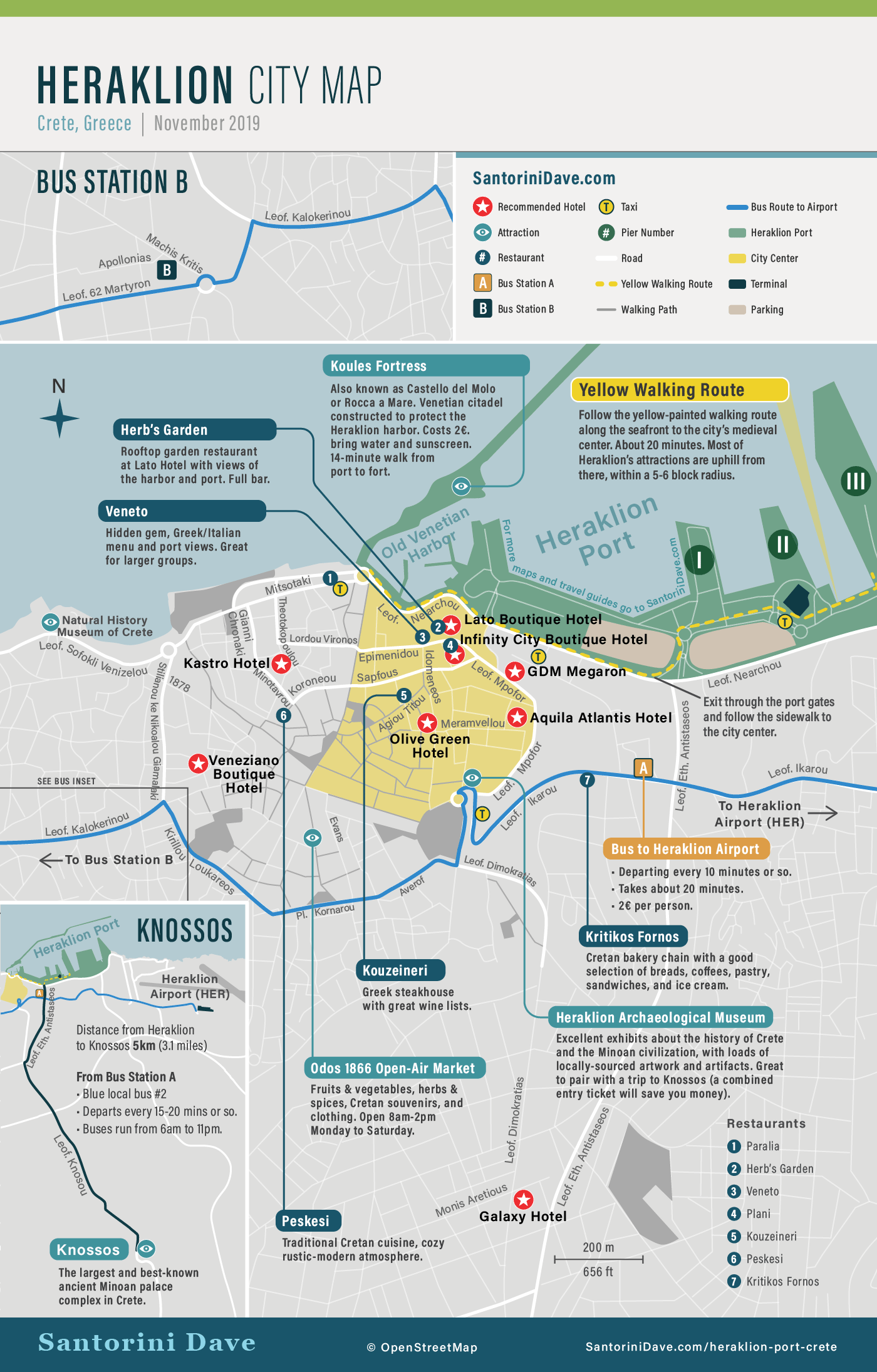 Map showing the ferry port, hotels, restaurants, and attractions in Heraklion, Crete