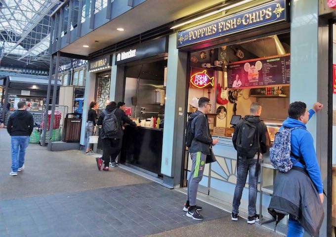 Poppie’s Fish & Chips outlet within the market is popular for takeaway.
