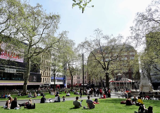 Leicester Square is popular for its cinemas and plaza.