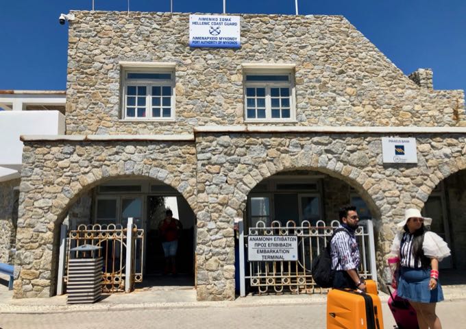 Stone exterior of the passenger terminal at Mykonos New Port