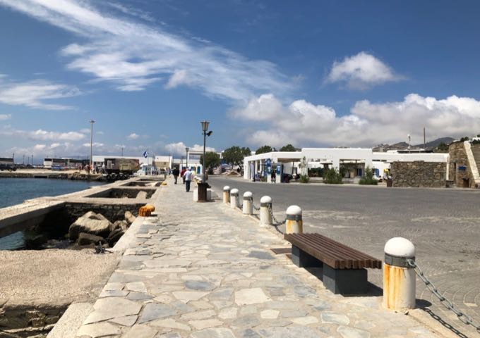 The view of Mykonos Old Port from the sidewalk, as you walk in from Mykonos Town. 