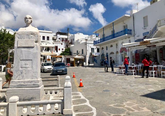 Central square in Mykonos Town, with a bust of Greek heroine, Manto Mavrogenous.