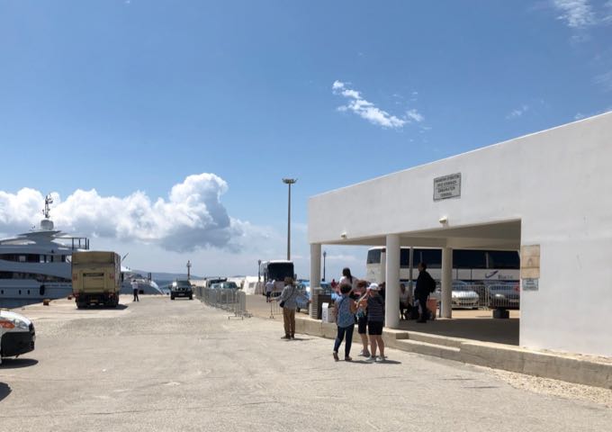 Covered passenger terminal for travelers using Mykonos Old Port.