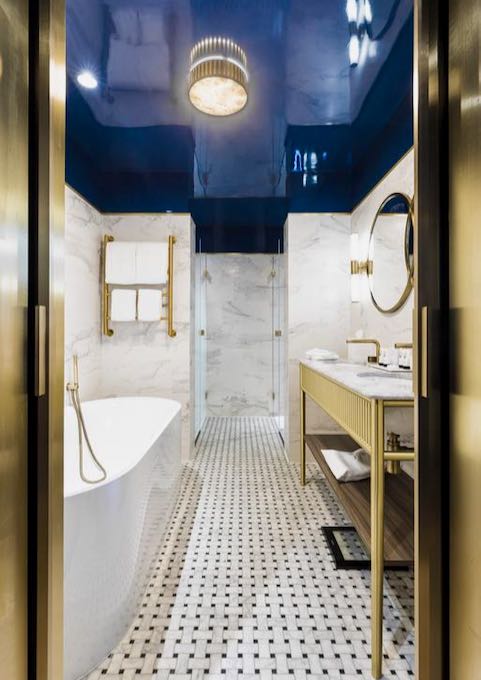 The luxurious bathrooms have an art deco design.