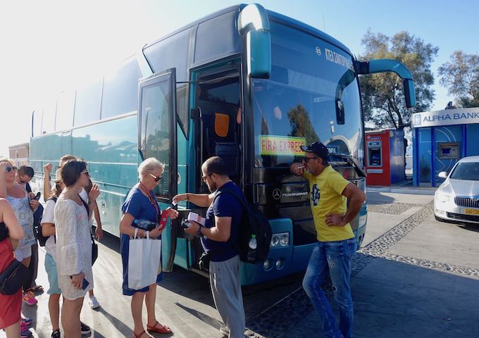 Boarding the Fira Express Bus in Oia.