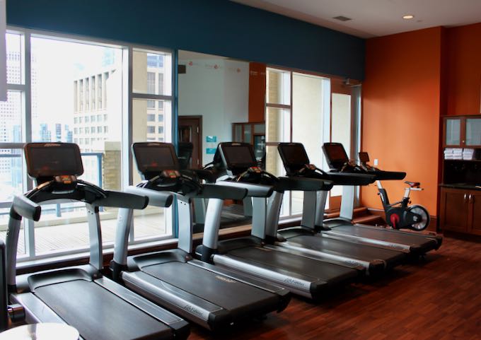 The fitness center offers great city views.