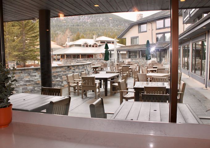 The cafe overlooks an outdoor patio.