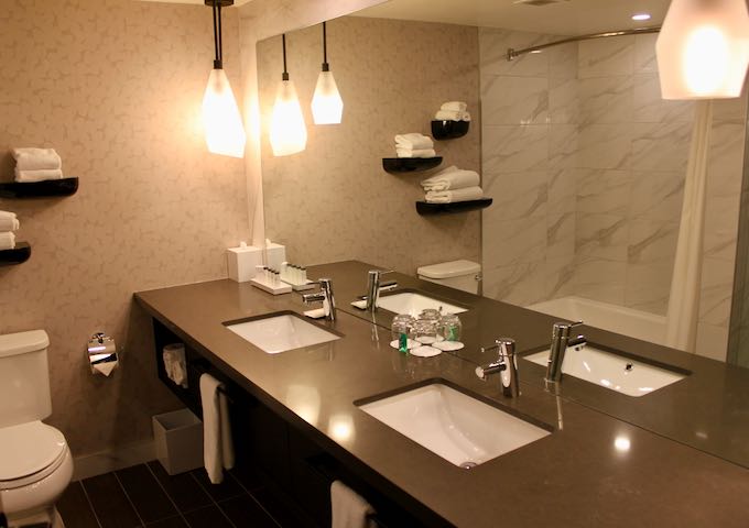 The big bathrooms have bathtubs and dual vanities.
