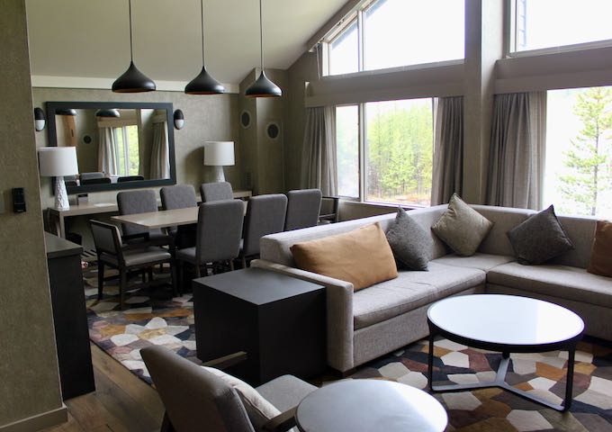 The Hospitality Suite has a large living and dining area.