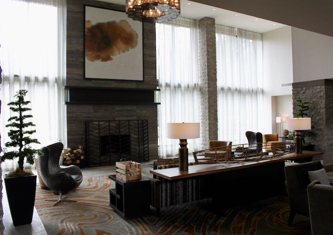 The huge lobby has an equally large fireplace.