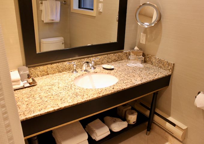 Bathrooms are large and modern.