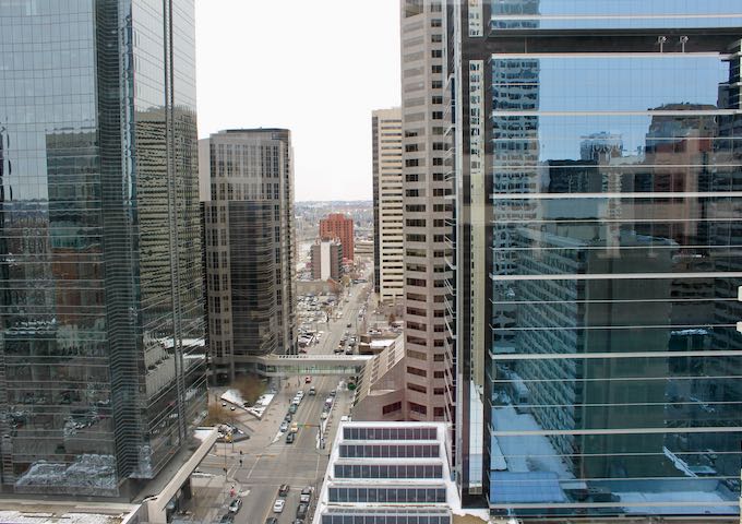The pool deck offers views of downtown Calgary.