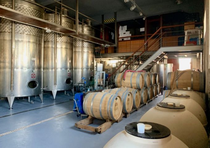 Wine barrels and vats in a modern winery