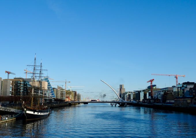 On the river is the Samuel Beckett Bridge and the Jeanie Johnston ship replica.