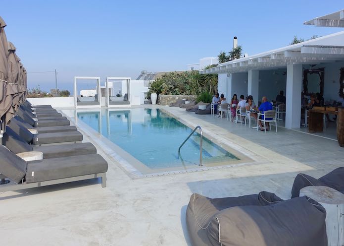 The pool and restaurant at Livin Mykonos near Mykonos Town