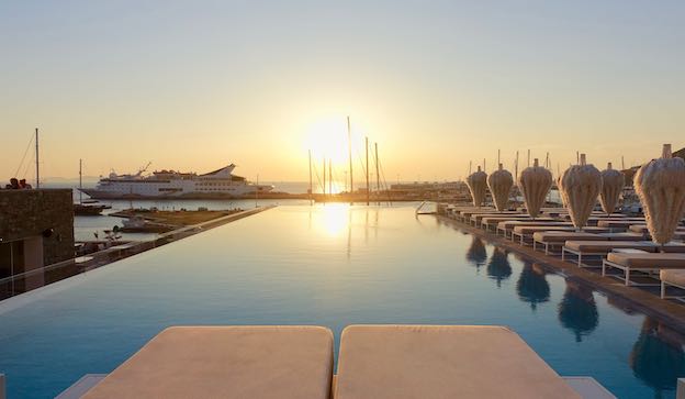 Sunset view from the pool at Mykonos Riviera