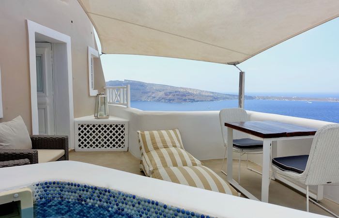 A private terrace at Oia Castle Luxury Suites