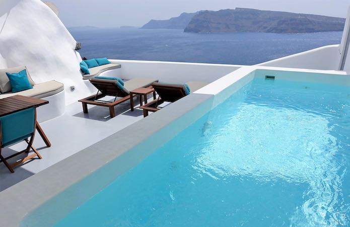 A private pool and caldera view from Maregio Suites