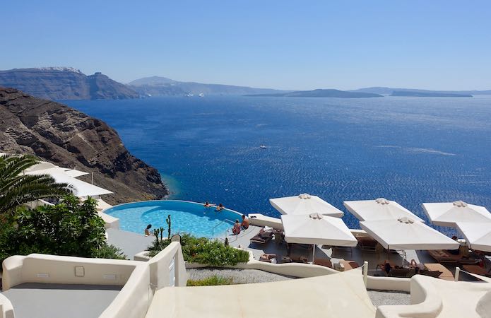 Pool, terrace, and caldera view at Mystique