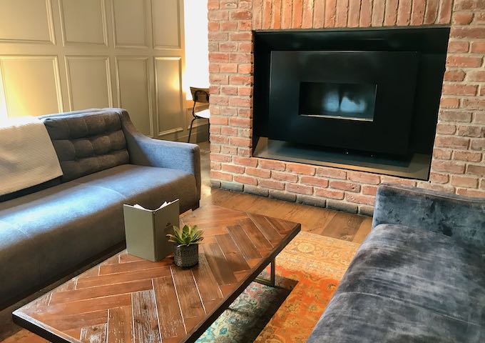 This common area has a fireplace.