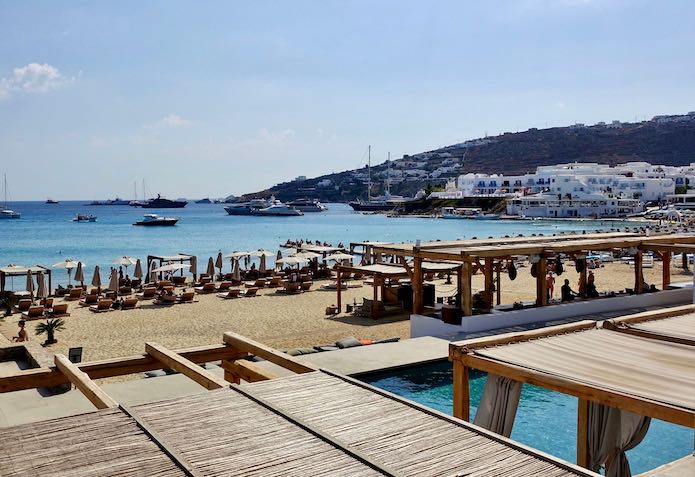 The beach and pool at Branco Mykonos on Platis Gialos Beach.