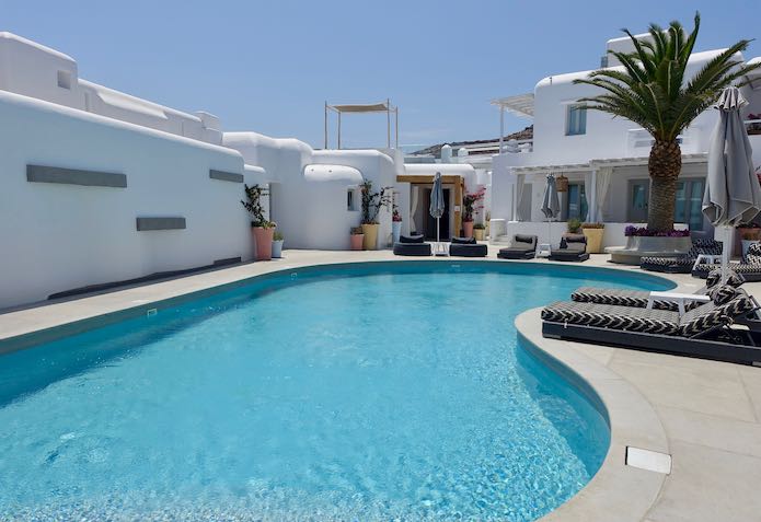 The pool at Mykonos Ammos Hotel on Ornos Beach