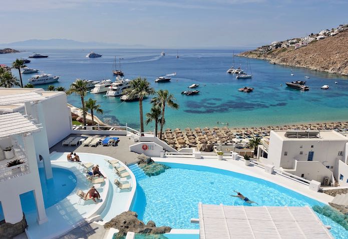 View and pool from Mykonos Blu at Psarou Beach