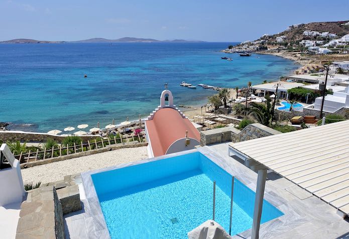 View and private pool at Mykonos Grand in Agios Ioannis
