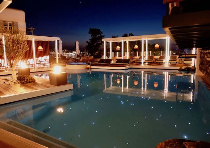 Nighttime at the main pool of Semeli Hotel in Mykonos Town