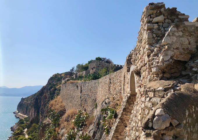 The rocky sides of Akronafplia castle above nafplio, and the view to the sea below.