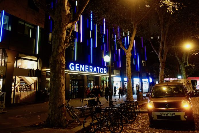 Night on the street outside Generator Paris