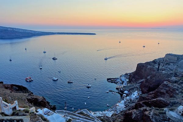 View of the caldera at sunset from Oia castle.