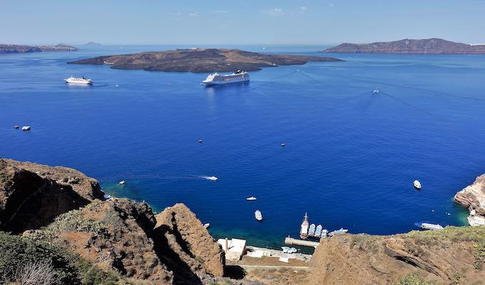 View of the Old Port and volcano from Fira