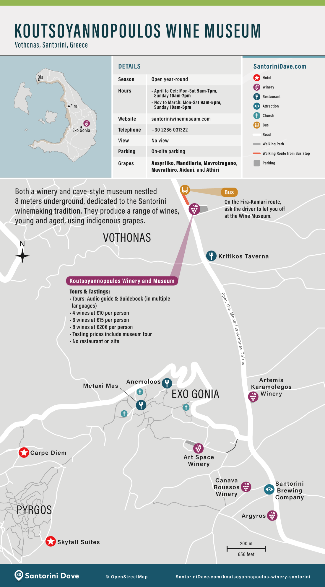 Map showing the area around the Santorini Wine Museum