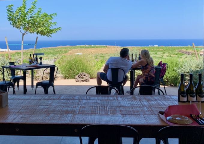 Outdoor tables at a winery, with views out to the sea